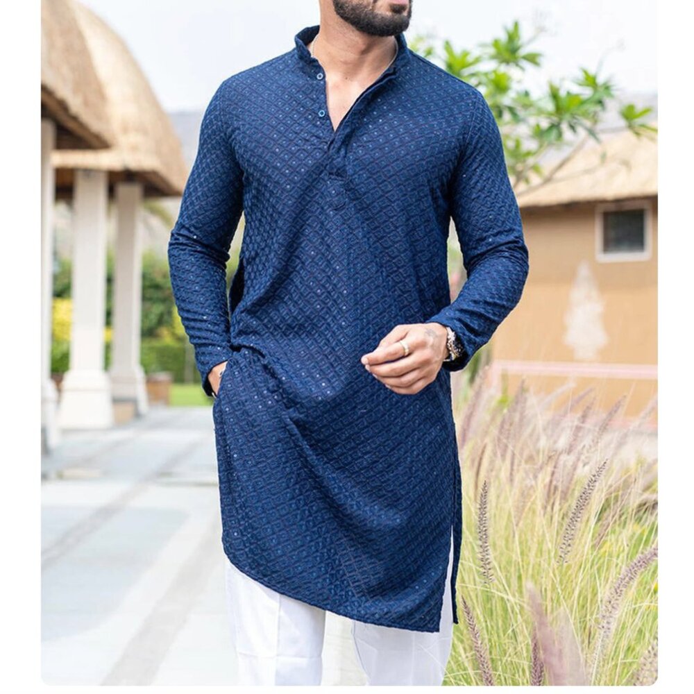 Blue Traditional Chikankari Mens Desi Kurta